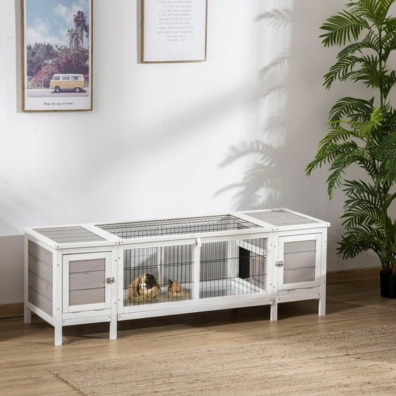 PawHut Rabbit Hutch, Bunny Cage, Guinea Pig House, White