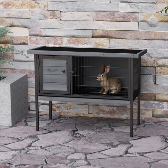PawHut Rabbit Hutch Elevated with Tray, Openable Roof, Indoor/Outdoor, Gray
