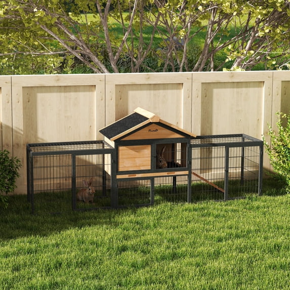PawHut Rabbit Hutch Outdoor, 85" Large Bunny Cage with Steel Run Box ...