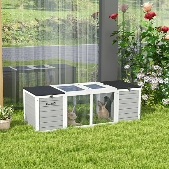 PawHut Rabbit Hutch, Outdoor Rabbit Cage w/ Openable Asphalt Roofs, Gray