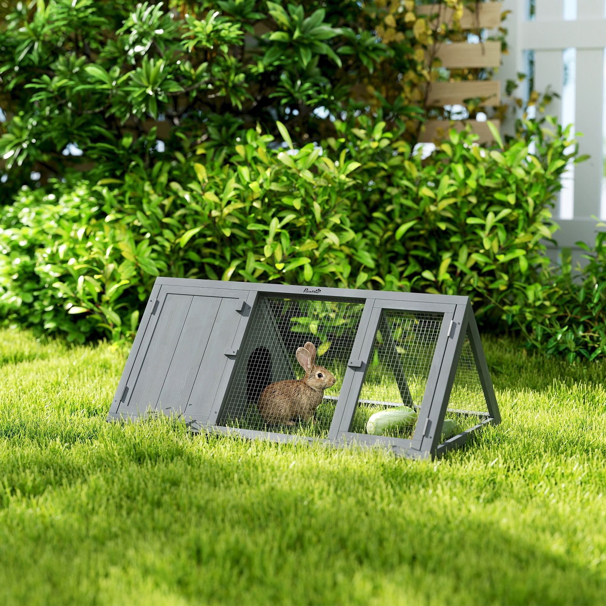 PawHut Rabbit Hutch Outdoor, Wooden Chicken Coop with Run, Outdoor Small Animal Cage for Rabbit, Small Duck and Chicken, Grey