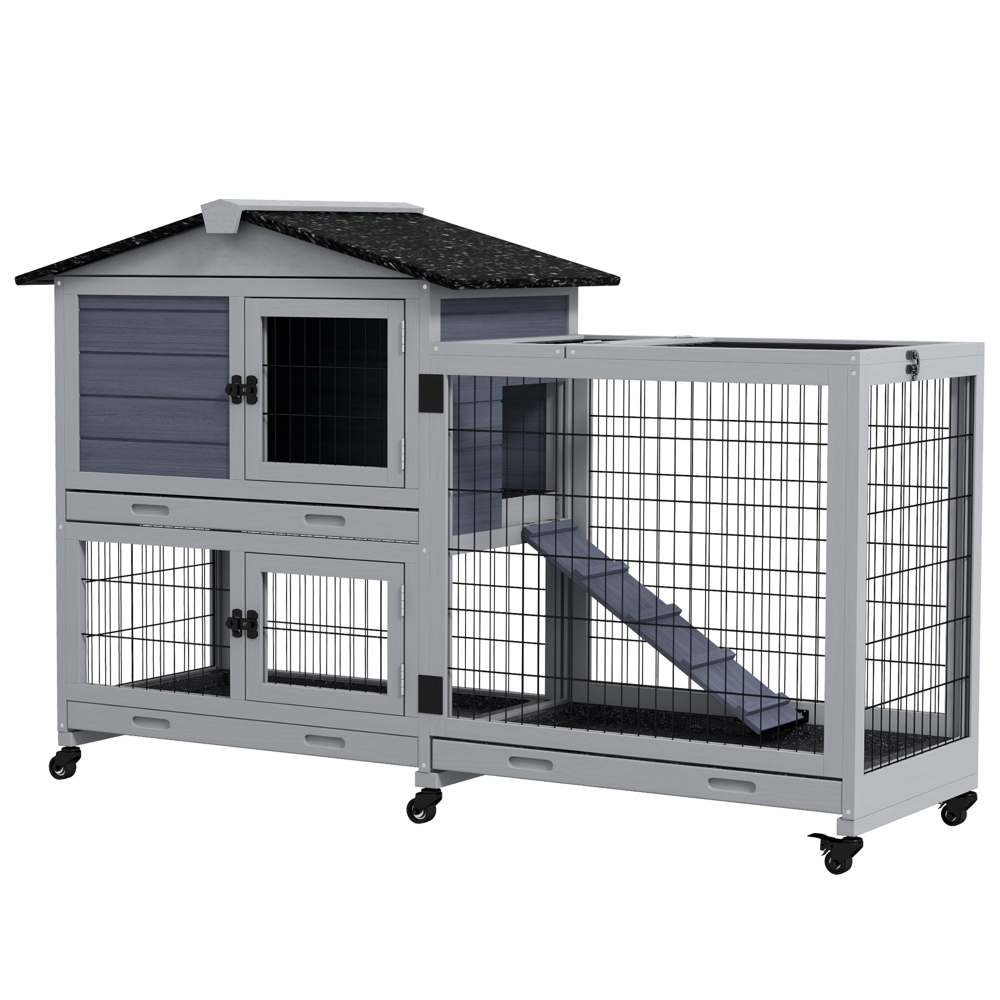 PawHut Rabbit Hutch Outdoor with Wheels Run 3 Removable Trays & Ramp