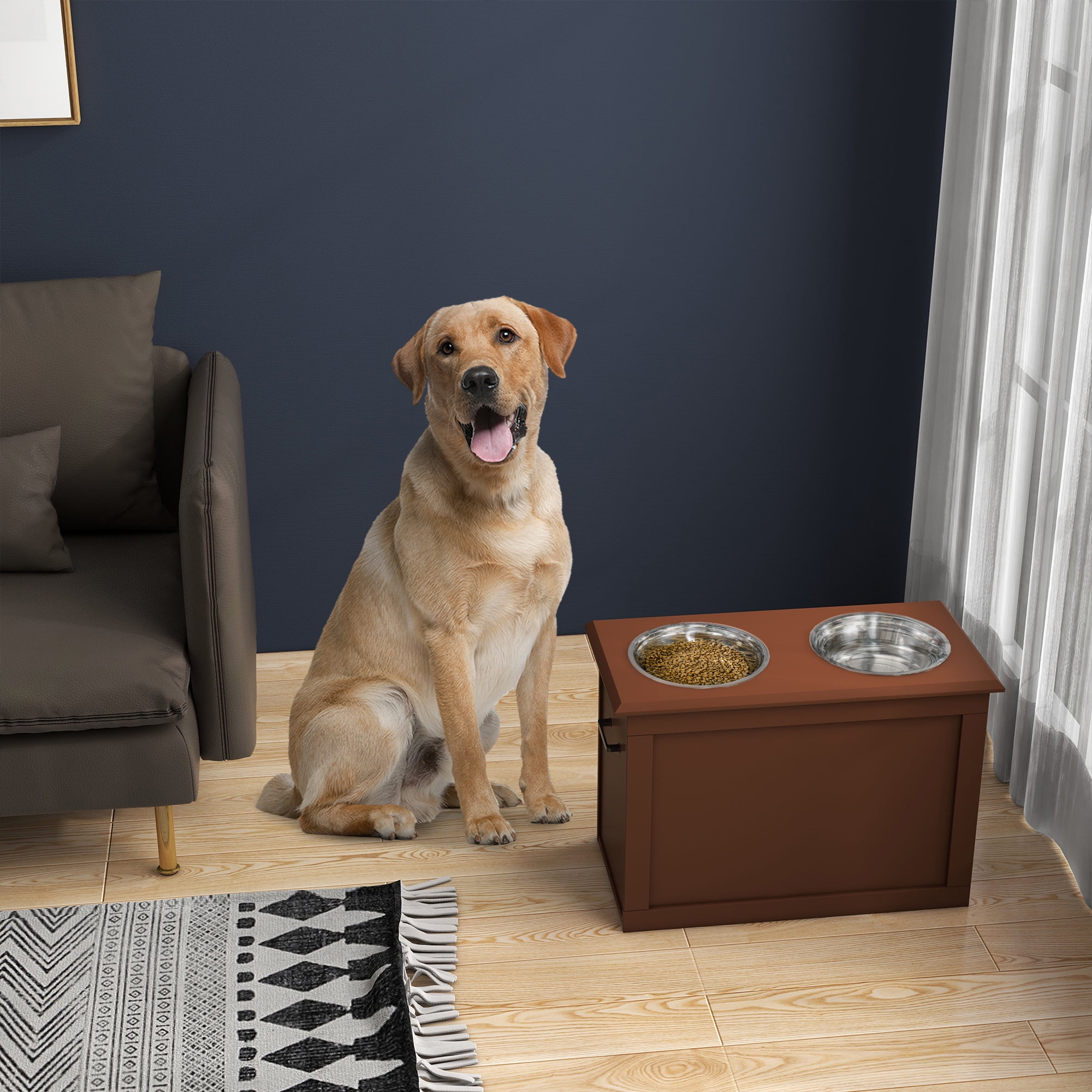 Brown Elevated Dog Feeder with Stainless Steel Bowls and Storage