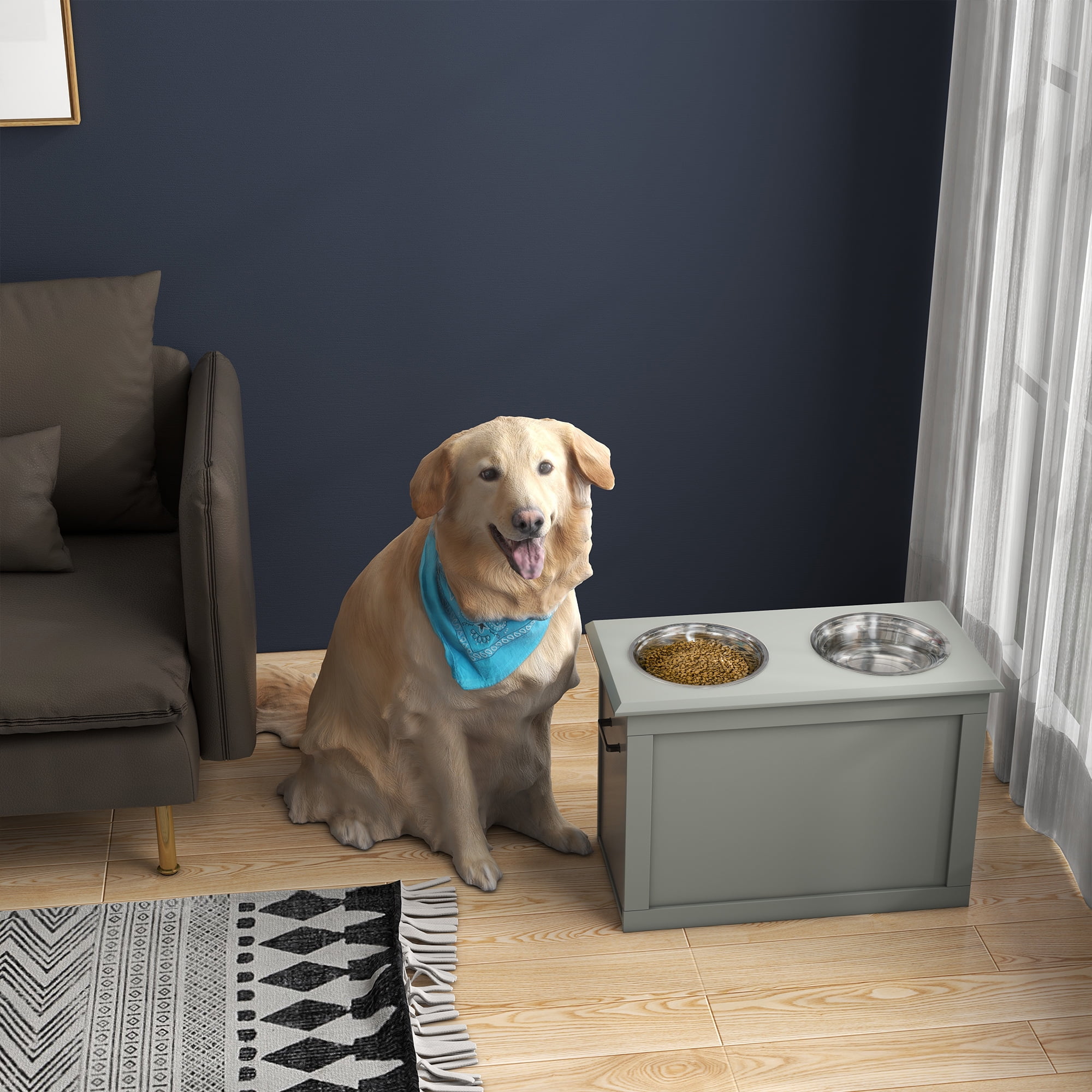 Gray Elevated Pet Feeding Station with Stainless Steel Bowls