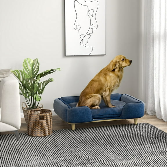 PawHut Raised Dog Couch with Cushion for Large-Sized Dogs, Dark Blue