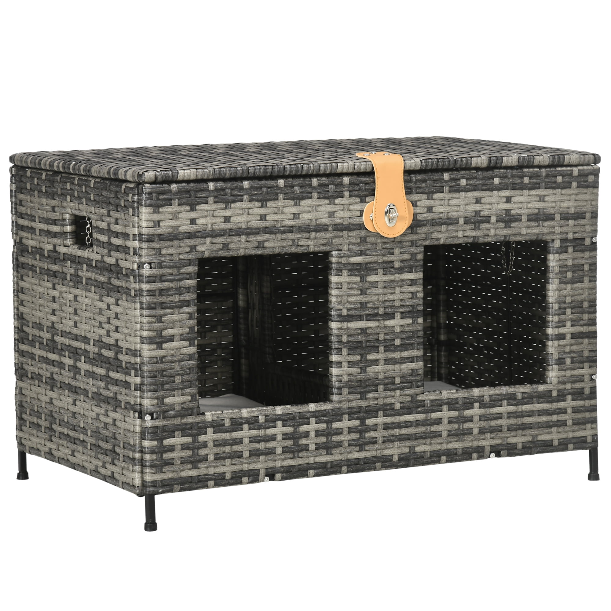 PawHut Rattan Cat Bed w/ Removable Divider, Cushions, Outdoor Indoor