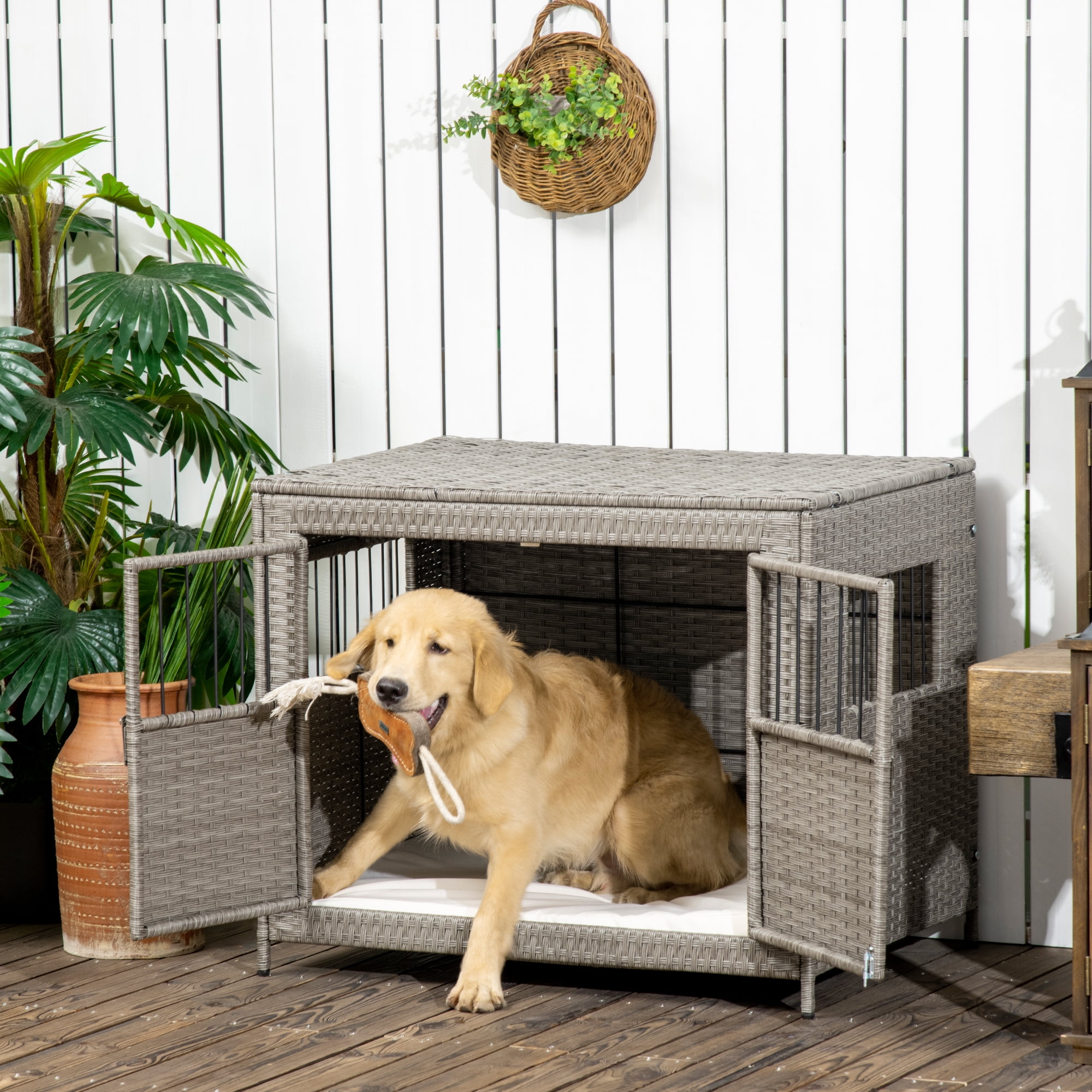 PawHut Rattan Dog Crate, Double Doors, Wicker Cage with Washable Cover ...