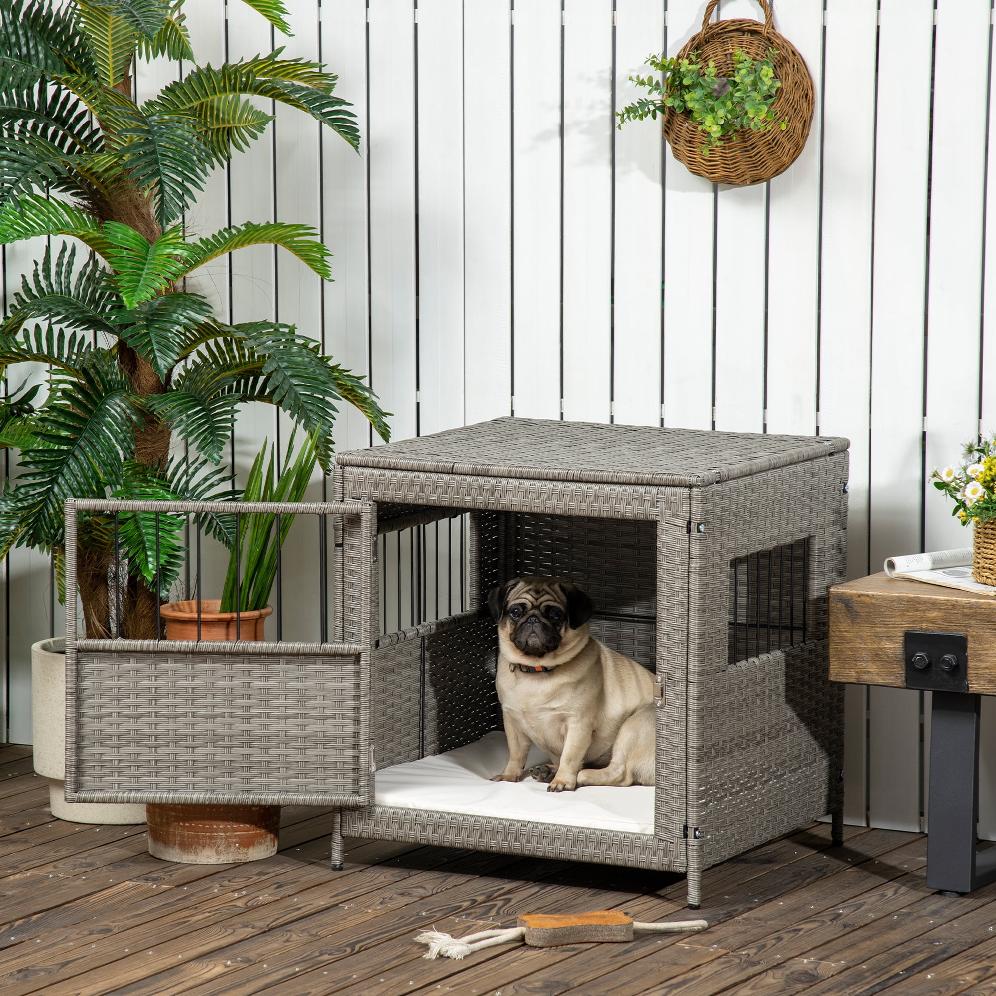 PawHut Rattan Dog Crate, Wicker Dog Cage with Lockable Door and