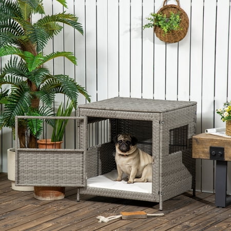 PawHut Rattan Dog Crate, Wicker Dog Cage with Lockable Door and Soft Washable Cushion, Dog Kennel Furniture for Small Sized Dogs, Grey