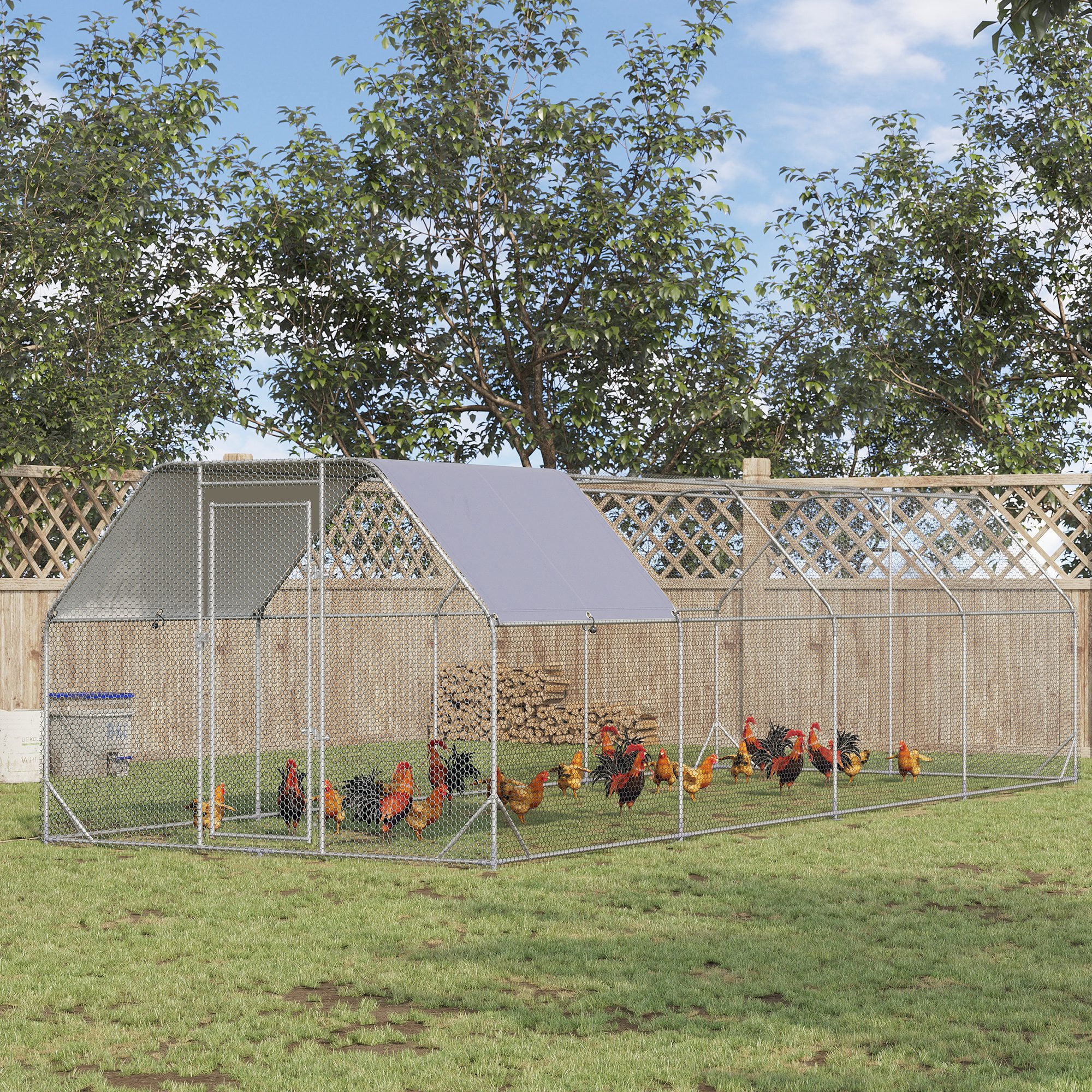Large Silver Metal Chicken Coop Run with Cover