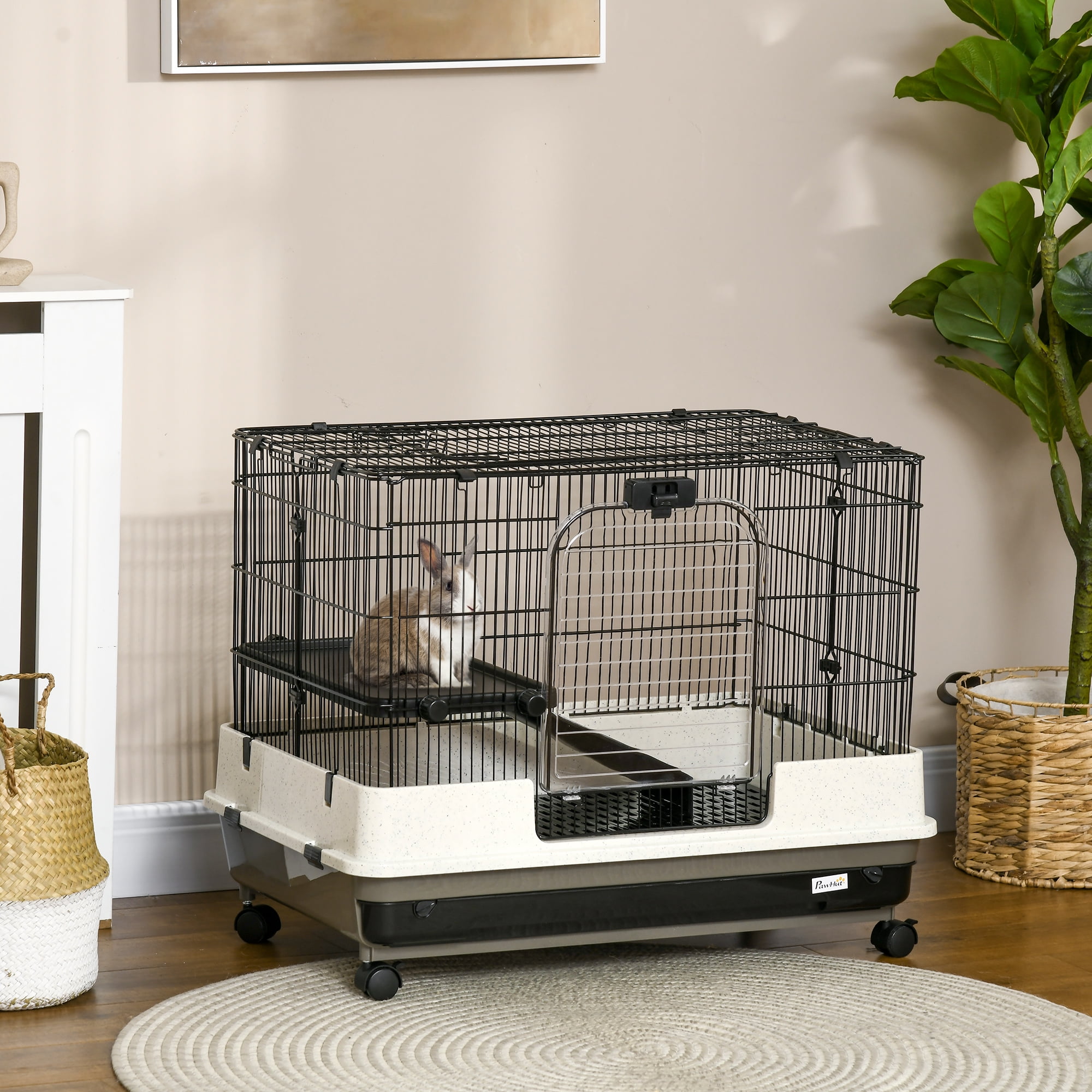 PawHut Small Animal Cage with Wheels, Portable Bunny Cage 2-Tier
