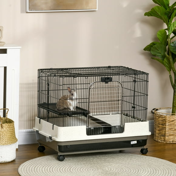 PawHut Small Animal Cage with Wheels, Portable Bunny Cage 2-Tier