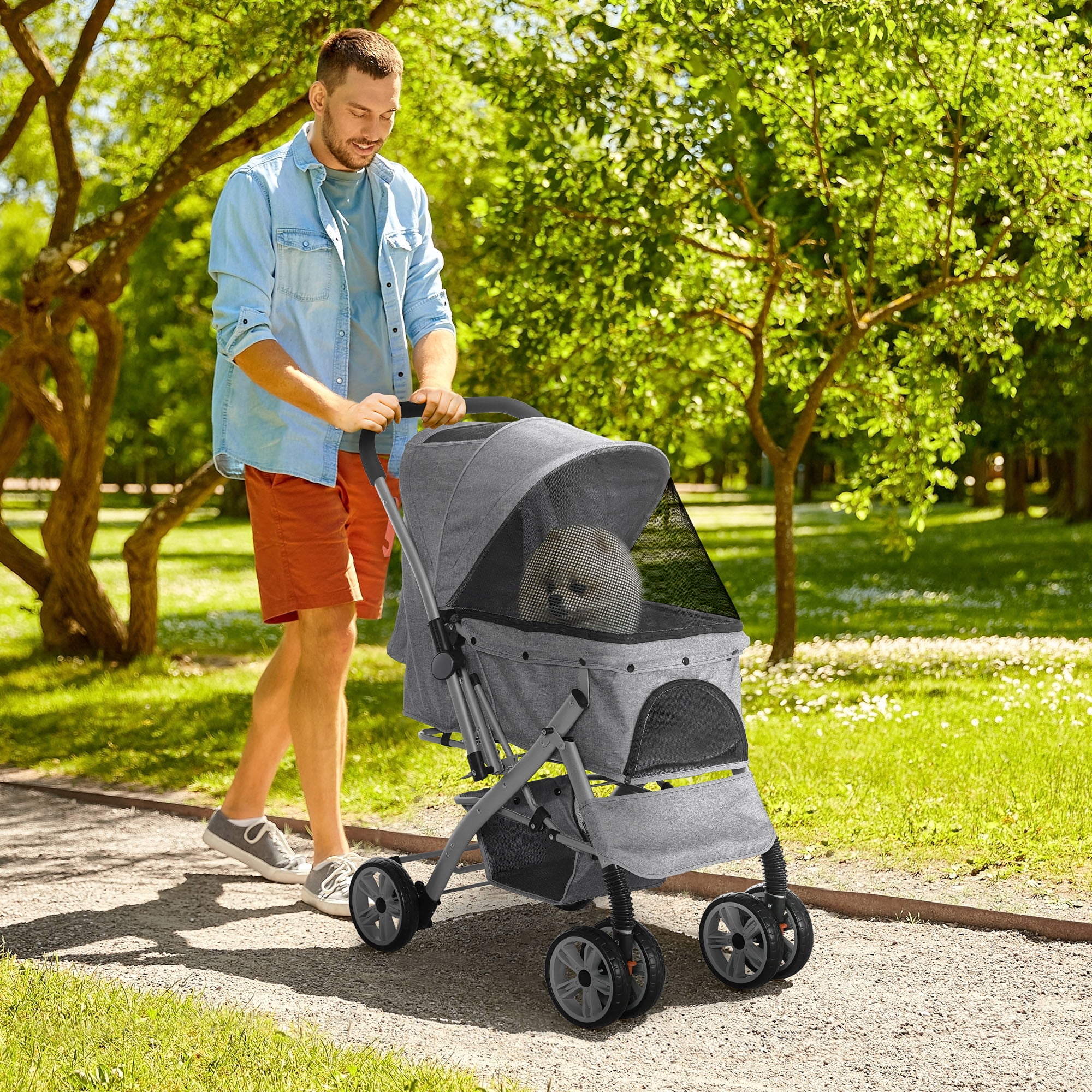 Gray Foldable Dog Stroller with Adjustable Canopy and Storage