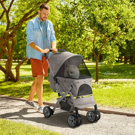 PawHut Small Dog Pet Stroller, Adjustable Canopy, Brakes, Storage Basket