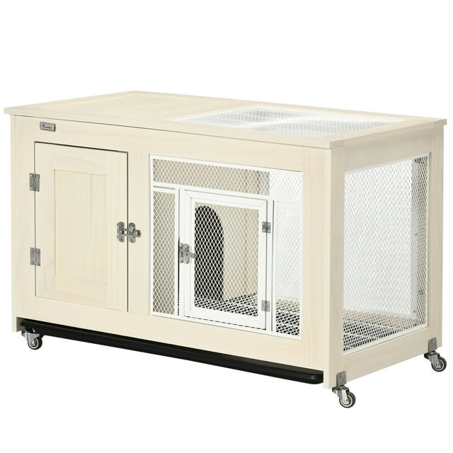 PawHut Small Rabbit Hutch Indoor Bunny Cage on Wheels, Rabbit Habitat