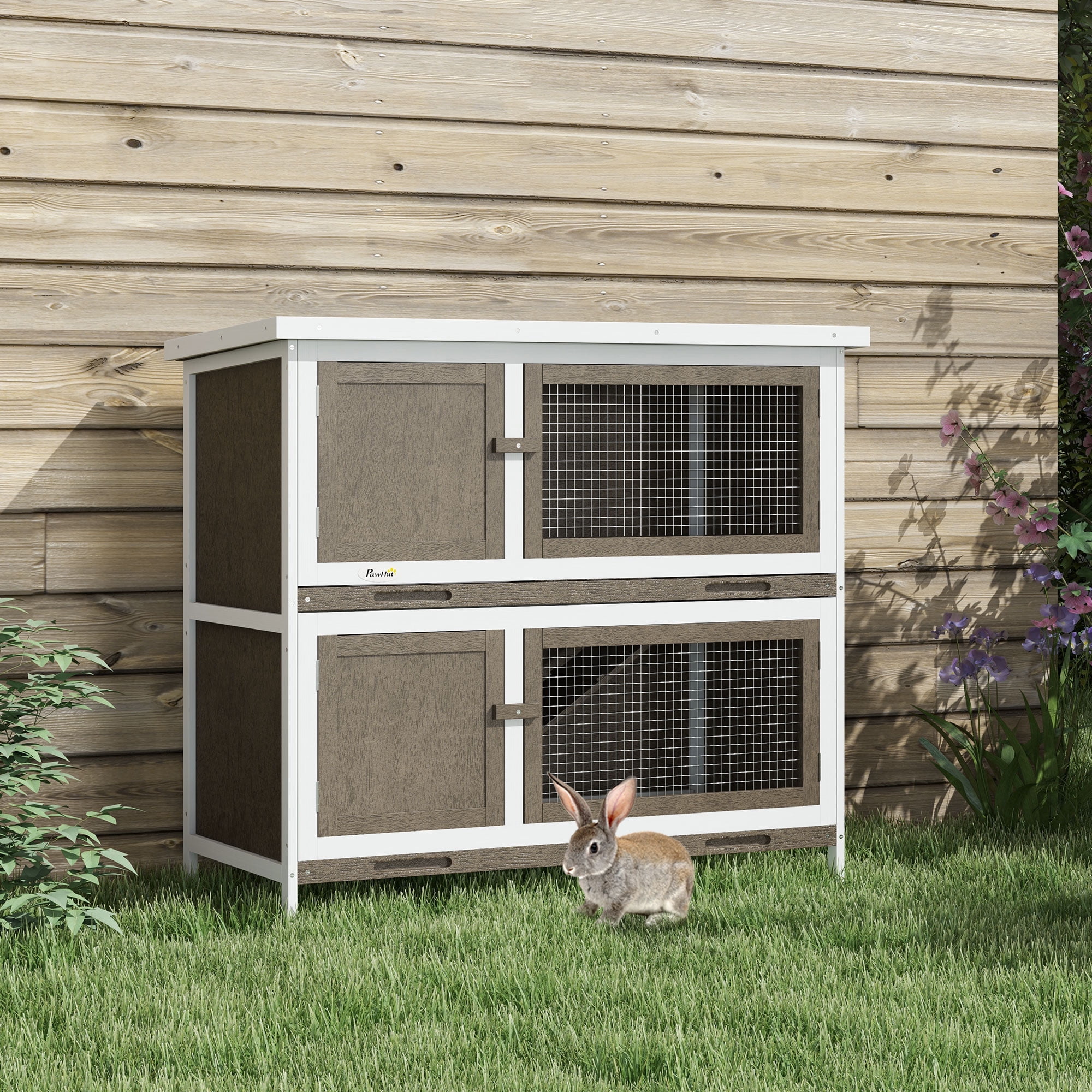 PawHut Indoor/Outdoor Rabbit House, Wooden Bunny Hutch with 2 Spacious ...