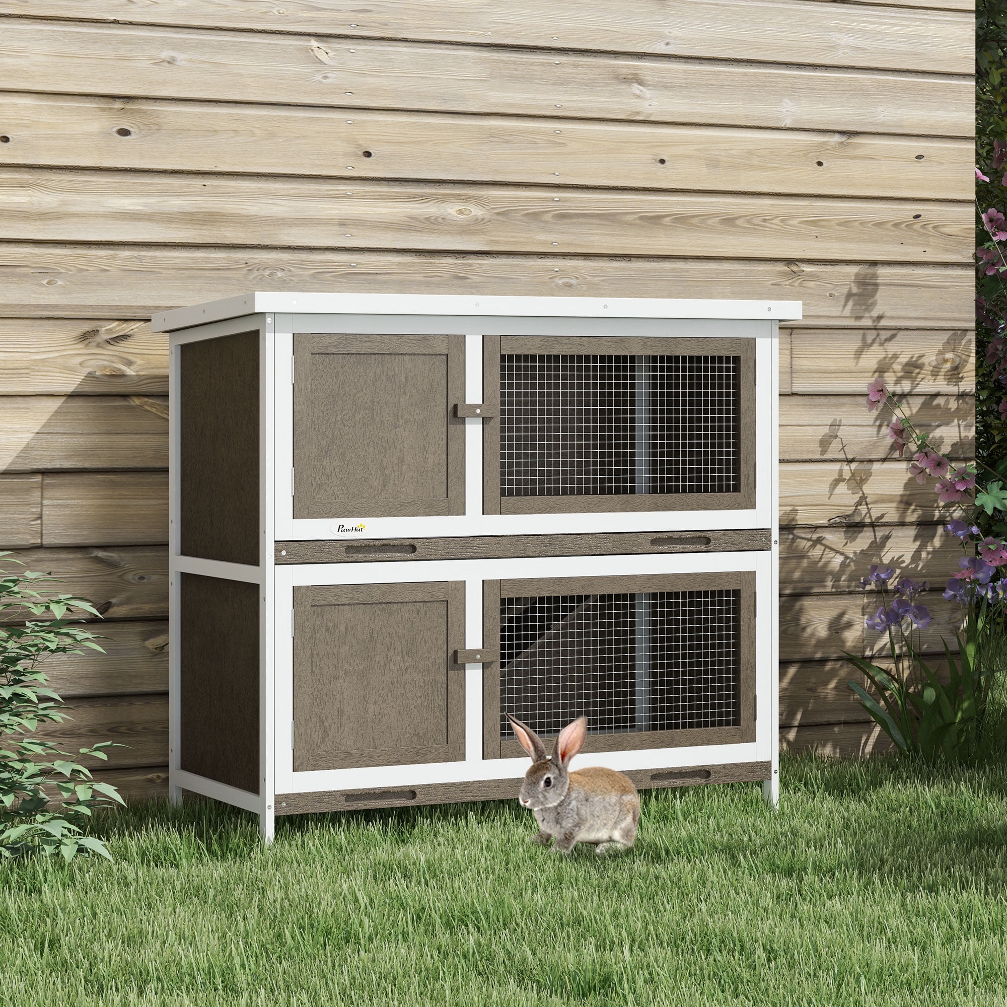 PawHut Wooden Bunny Hutch with Ramp, Indoor/Outdoor, Brown