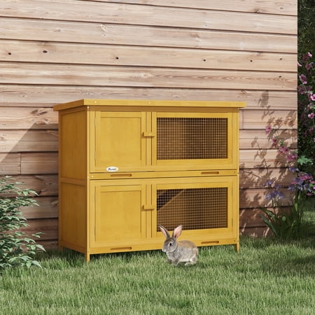 PawHut Wooden Bunny Hutch Rabbit Hutch Small Animals Habitat with Ramp, Removable Tray and Weatherproof Roof, Indoor/Outdoor, Yellow