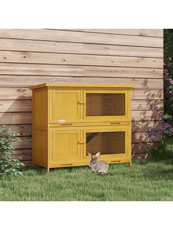 Wooden Bunny Hutch Rabbit Hutch Small Animals Habitat with Ramp, Removable Tray and Weatherproof Roof, Indoor/Outdoor, Yellow