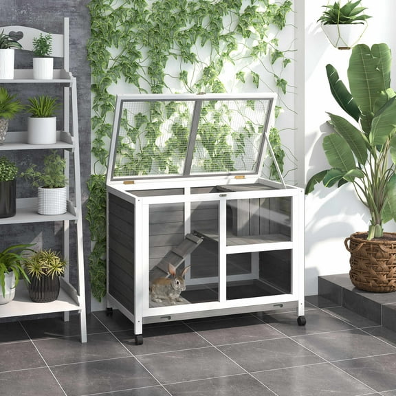 PawHut Fir Wood Rabbit Hutch Indoor with a Room for Sleeping and a Cage for Playing