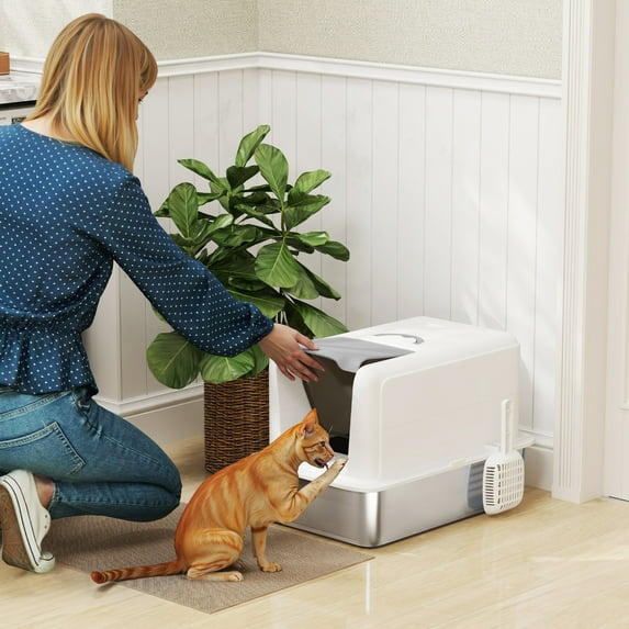 PawHut Stainless Steel Cat Litter Box, Extra Large 2 in 1 Kitty Litter Box with Removable Lid, Scoop, Filter Bags, for Small to Large Cats, White