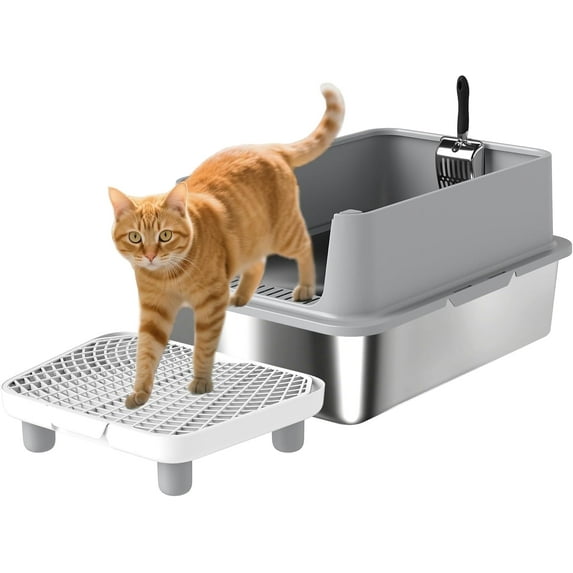 PawHut Stainless Steel Cat Litter Box, XL Kitty Litter Box for Big and Multiple Cats with High Wall Side, Scoop, Anti-Leakage, Easy Cleaning & Odour Free