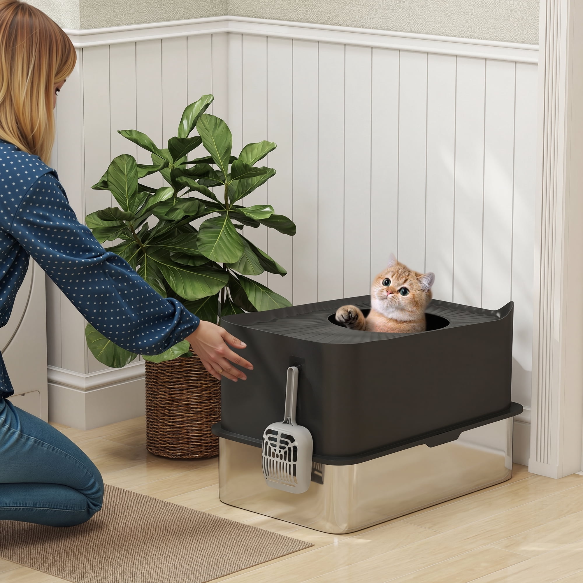 PawHut Stainless Steel Litter Box, High Sided Enclosed Cat Litter Box with Scoop, Top Entrance, Non-slip Pads, Anti-Leakage, Non-Sticky, Black