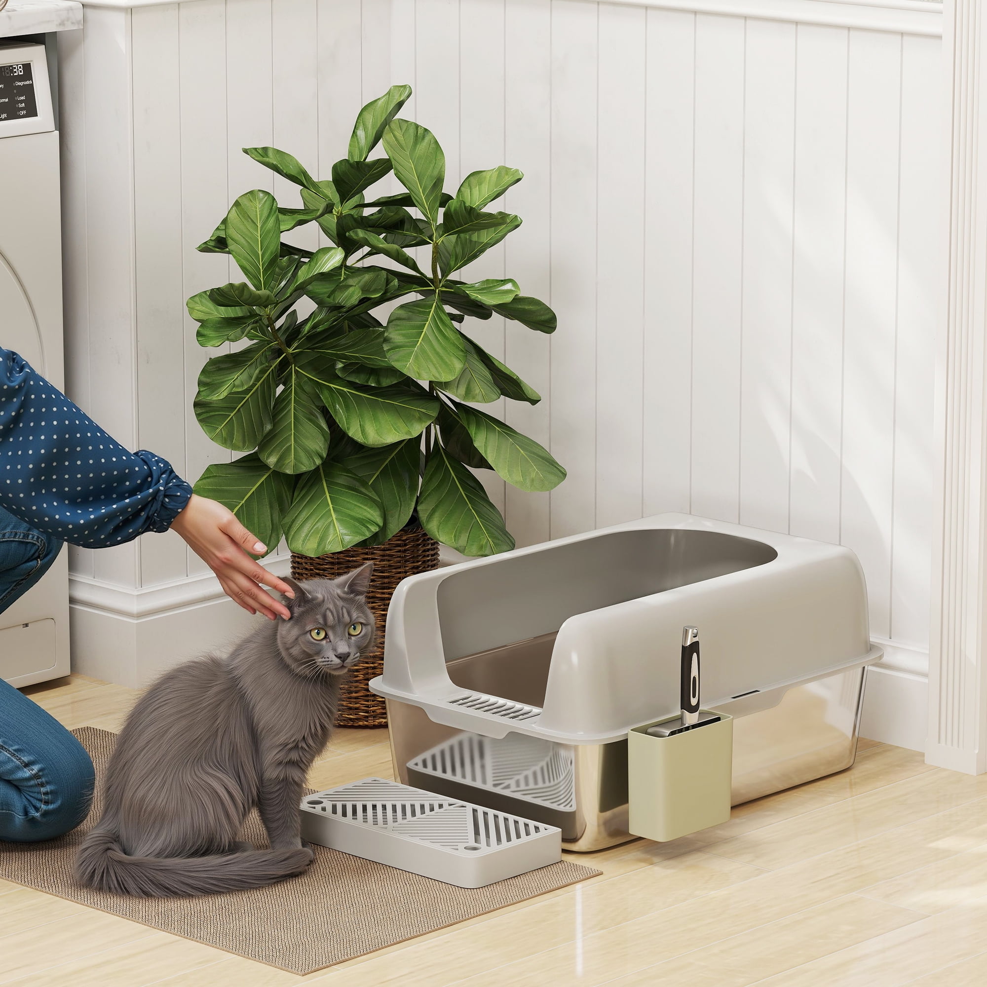 XL Gray Stainless Steel High-Sided Cat Litter Box with Scoop Holder