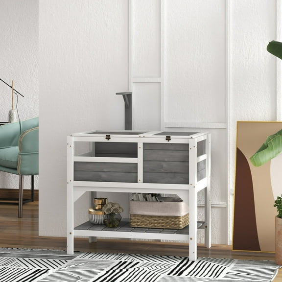 PawHut Tortoise Habitat Enclosure for Indoor W/ Shelf, Tray, Light Gray