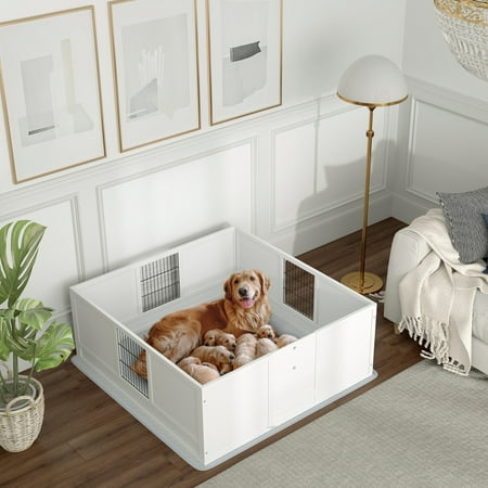 PawHut Whelping Box for Dogs and Puppies with Washable Pee Pad, Adjustable Door, Double Rooms Dog Whelping Box for Large Breed Dogs, 49" x 47" x 19"