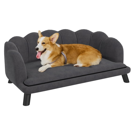 PawHut Velvet Large Dog Couch with Foam Cushioning, Soft and Cute Dog Bed with Pearl Design, Dog Sofa for Big and Medium Dogs, Charcoal Gray