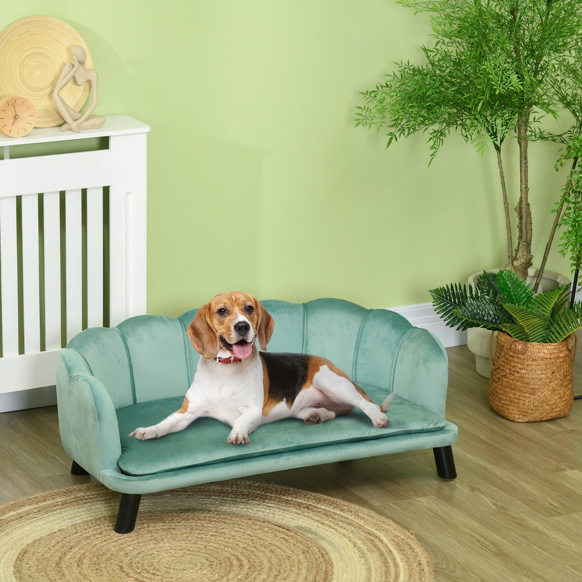 Large Green Velvet Dog Sofa Bed with Foam Cushioning