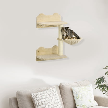 PawHut Wall-Mounted Cat Tree with Hammock for a Cute Cat Bed, Modern Cat Tree with Scratching Post & Cat Shelves, Climbing Playground Kitty Tower
