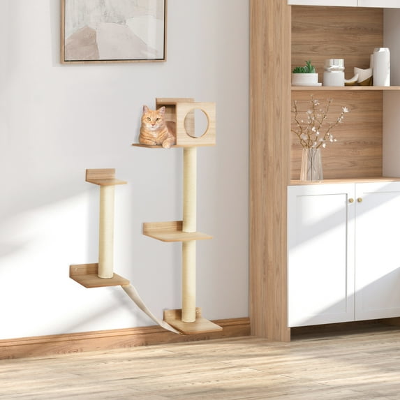 PawHut Wall-Mounted Multi-Level Cat Tree Activity Tower w/ Sisal Scratch Posts