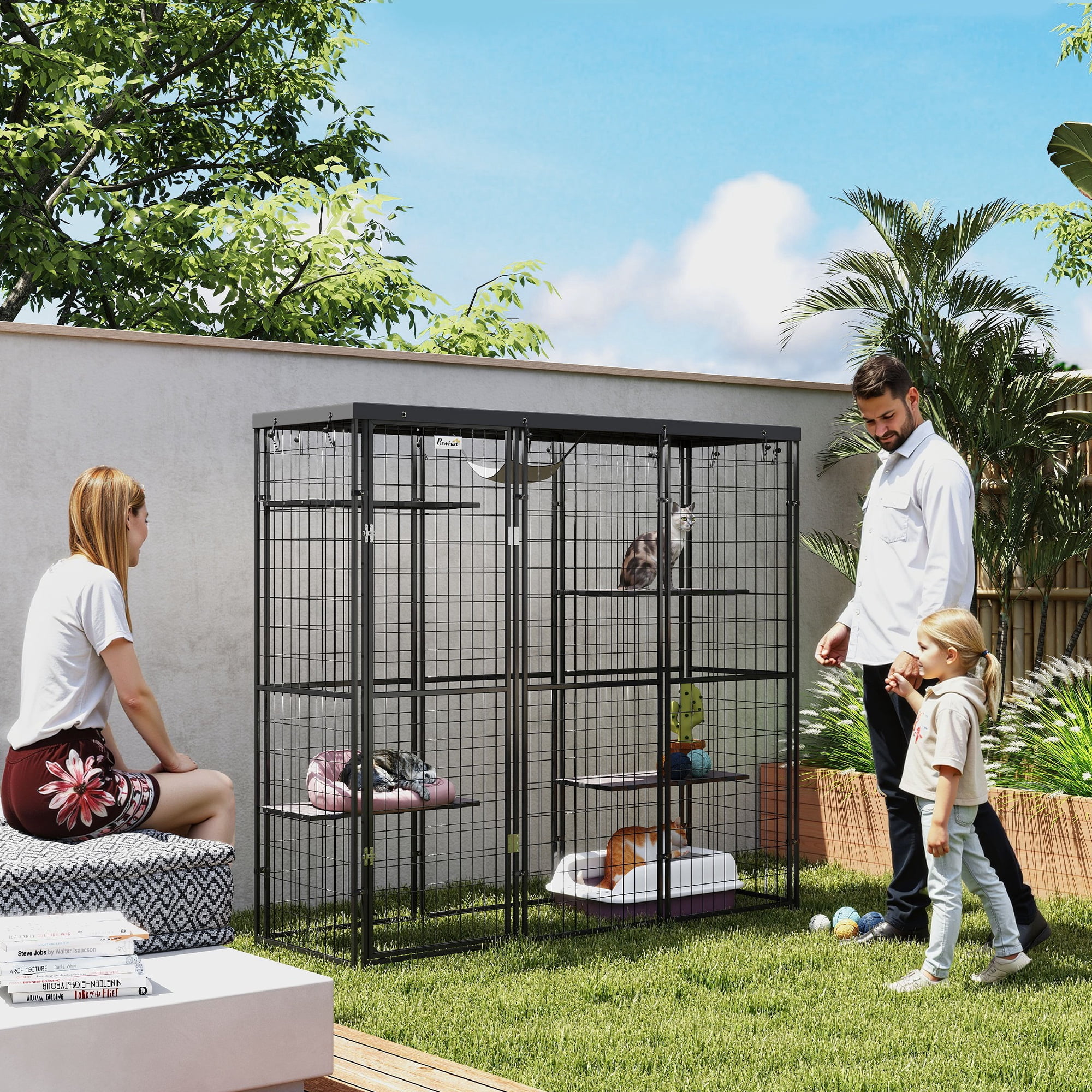 Black Weld Wire Outdoor Cat Enclosure with Hammock and Platforms
