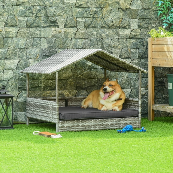 PawHut Wicker Dog House Elevated Raised Rattan Bed for Indoor/Outdoor with Removable Cushion Lounge, Charcoal Gray