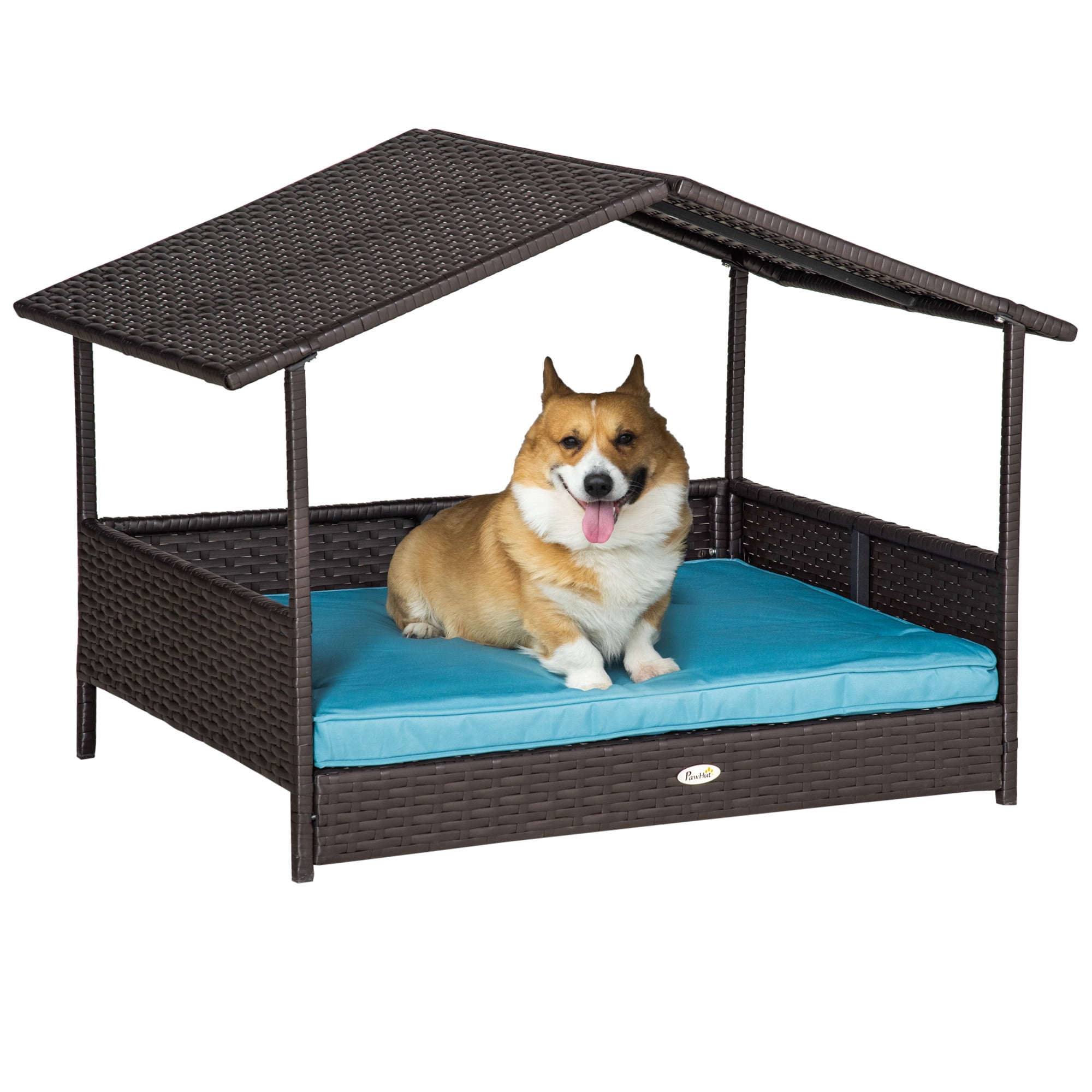 PawHut Wicker Dog House Elevated Raised Rattan Bed for Indoor/Outdoor