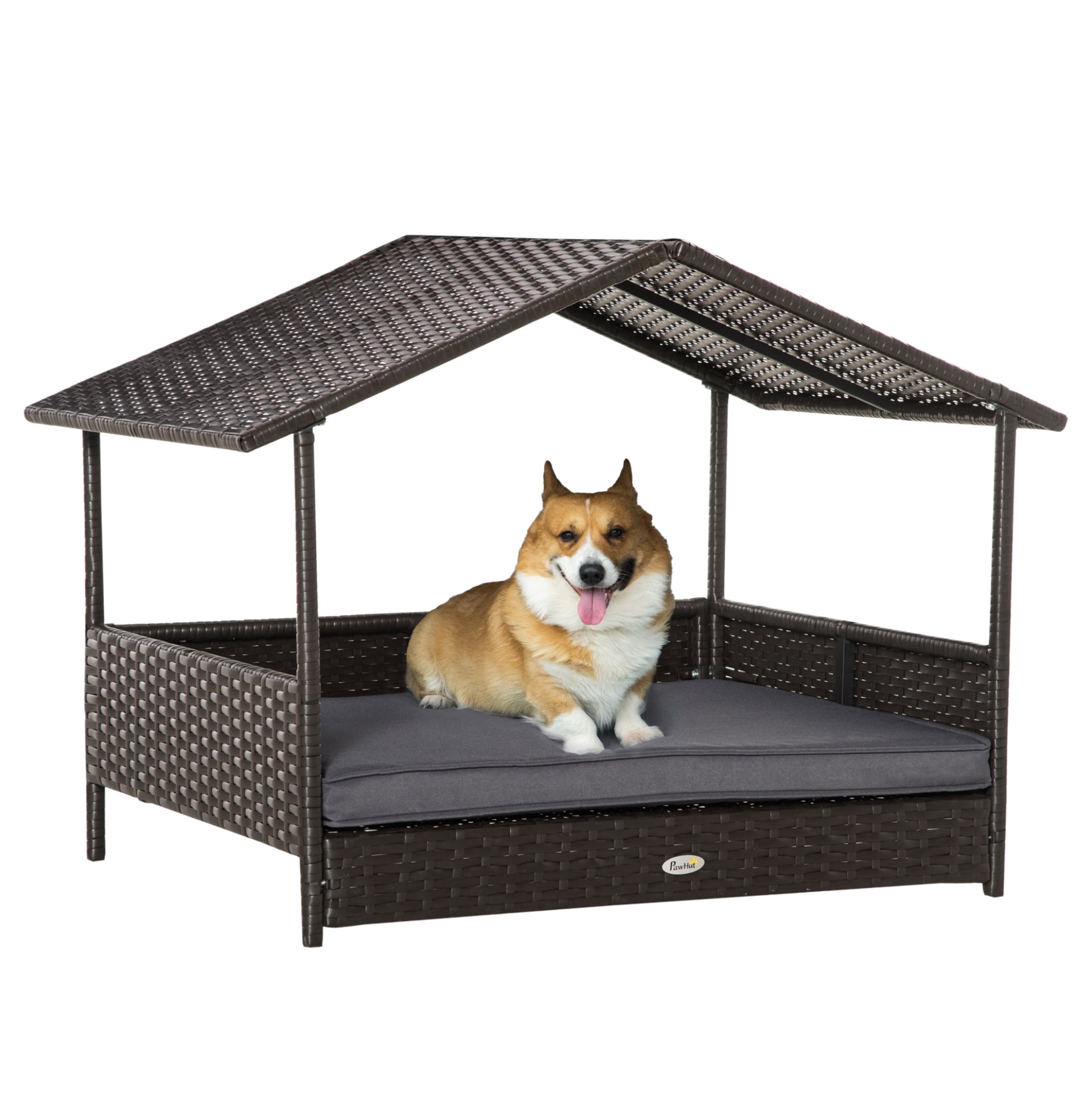 PawHut Wicker Dog House Outdoor with Canopy, Rattan Dog Bed for Small ... - Rattan Dog House With Netting