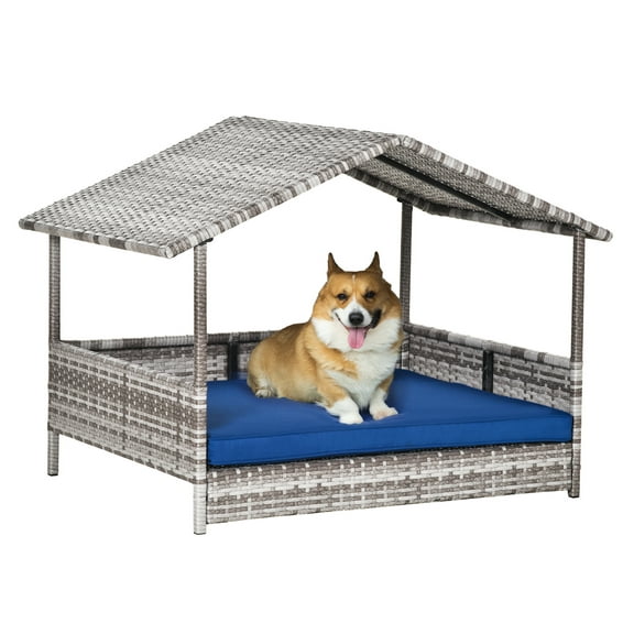 PawHut Wicker Dog House Outdoor with Canopy, Rattan Dog Bed with Water-resistant Cushion, for Small and Medium Dogs, Dark Blue