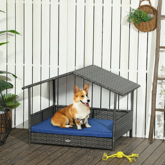 PawHut Wicker Dog House Elevated Raised Rattan Bed for Indoor/Outdoor with Removable Cushion Lounge, Navy Blue