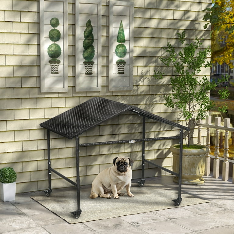 PawHut Wicker Dog Shelter with Wheels, Portable Outdoor Animal