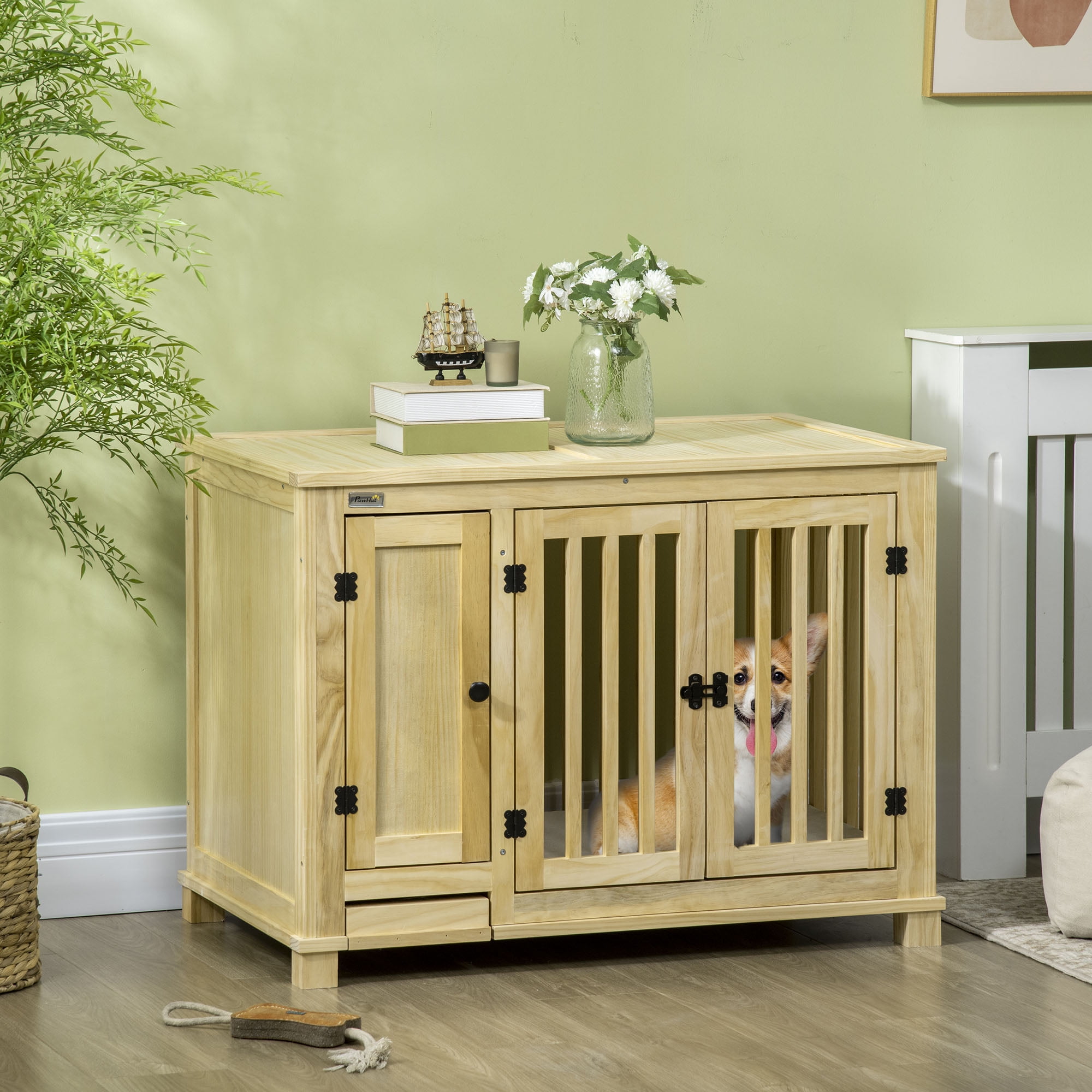 Natural Wood Soft Sided Dog Crate Table with Storage