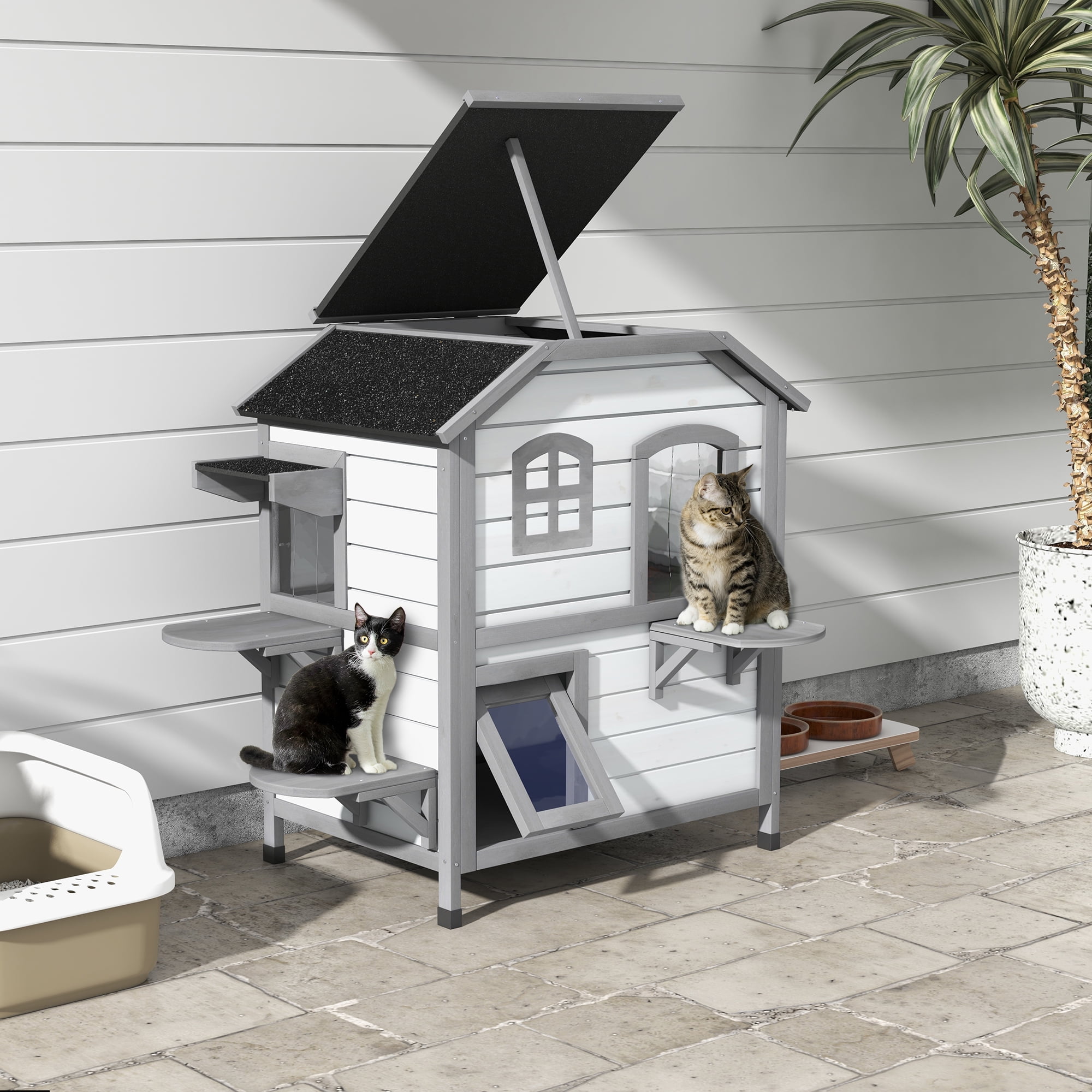 PawHut Large Outdoor Kitty Cat House, 2-Story with Escape Door, 4