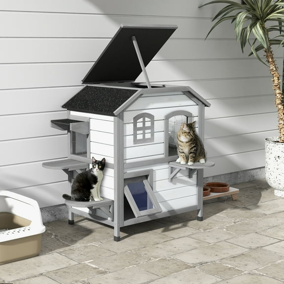 PawHut Wooden 2-Story Indoor or Outdoor Cat House with Escape Door, Cat Shelter Kitten Condo Furniture, Openable Asphalt Roof and 4 Platforms, White
