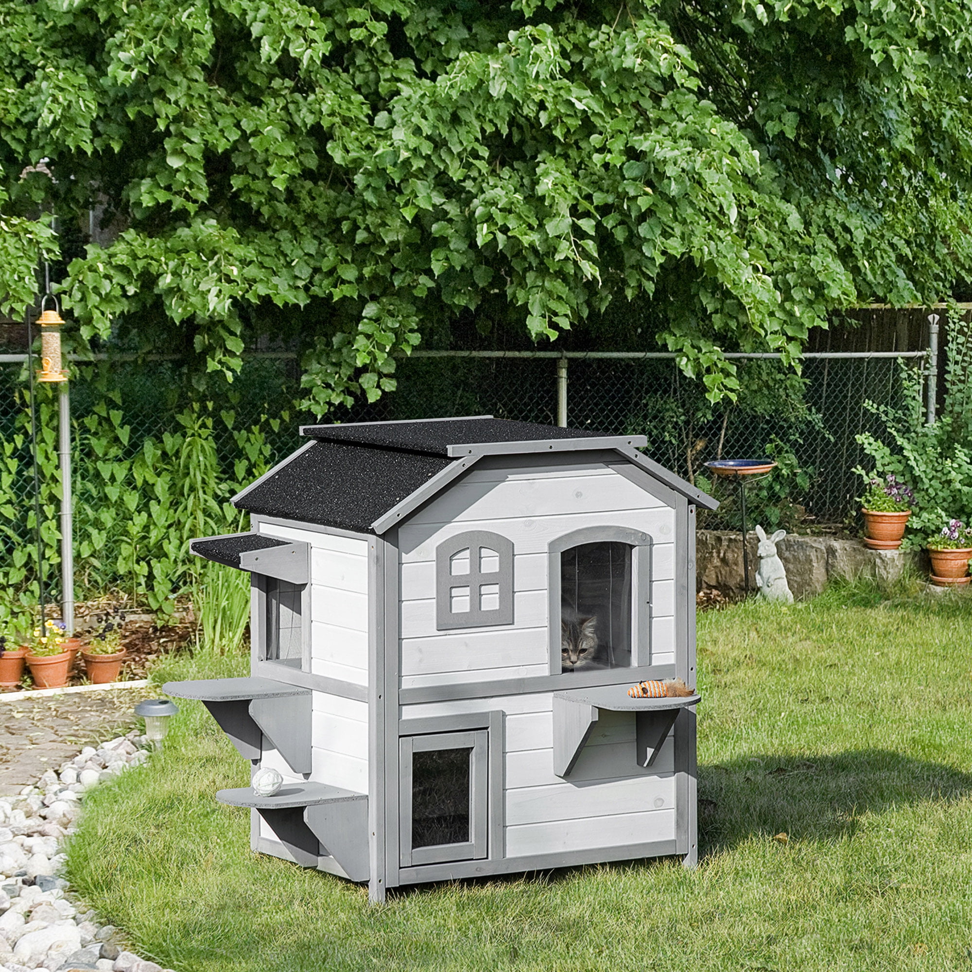PawHut Wooden 2 Story Indoor or Outdoor Cat House with Escape Door Cat Shelter Kitten Condo Furniture Openable Asphalt Roof and 4 Platforms White