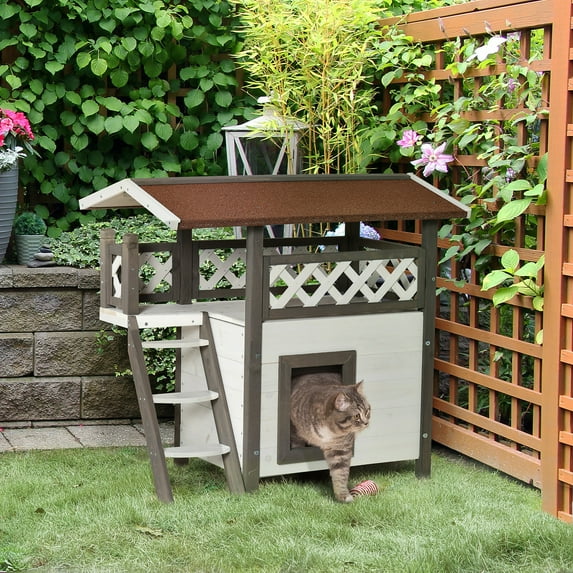 PawHut Wooden Cat House, 2-Floor Feral Cat Shelter, Kitten Condo Outdoor, Small Dog House with Balcony, Stairs, Asphalt Roof, White and Gray