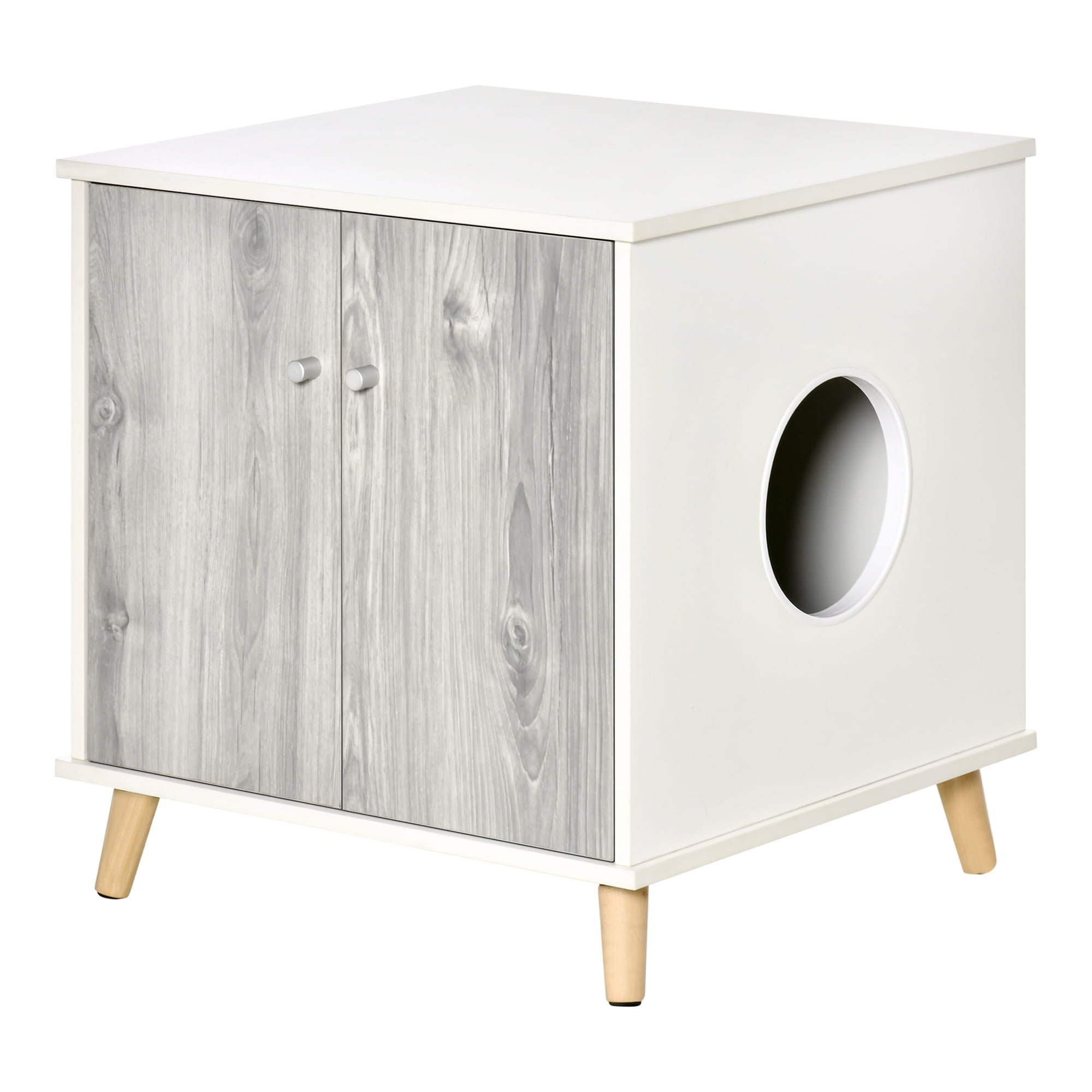 PawHut Wooden Cat Litter Box Enclosure Washroom End Table with 2 ...