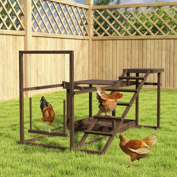 PawHut Wooden Chicken Activity Play Set, Chicken Coop Accessory with Chicken Coop, Perch, Swing, Ladder, Platforms for 4-6 Chickens, Coffee