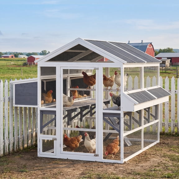 PawHut Wooden Chicken Coop, Outdoor Hen House with 2 Feeders, 2 Nesting Boxes, 2 Roosting Bars, Ramps, Waterproof Roof, Large Poultry Cage