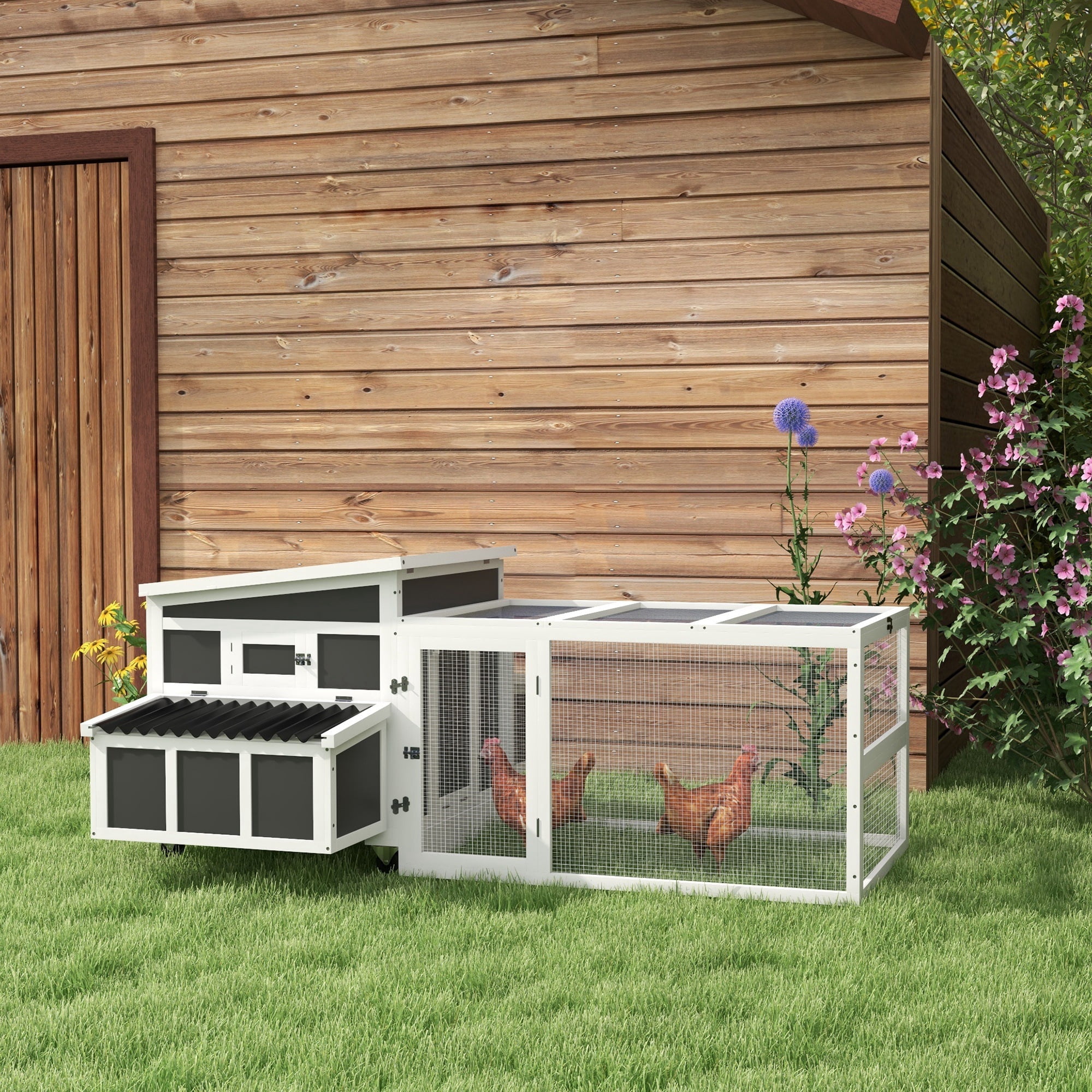 White and Gray Wooden Chicken Coop with Nesting Box and Run